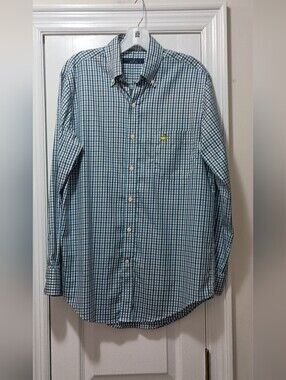 Masters Clubhouse Collection Button-Down Plaid Shirt with Yellow Flag Logo Med